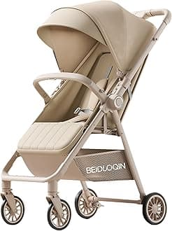 Beauenty Reversible Handle Two-way Stroller for Baby Boy Girl 0-3 Years Old, Button Press Automatic Foldable Lightweight Baby Stroller Travel Gear (Beige)