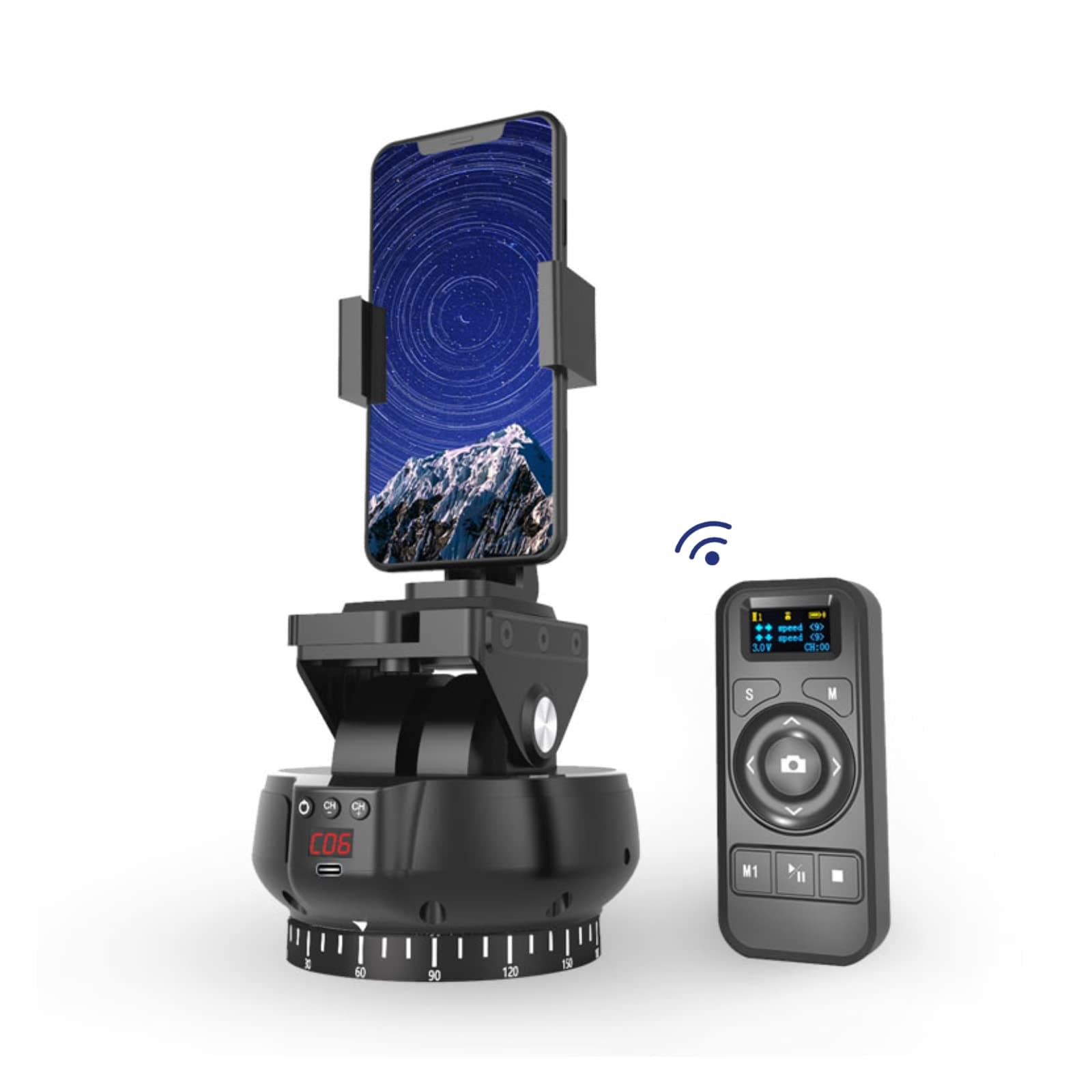 Motorized Pan Tilt Head, 360° Rotation Panoramic Tripod Head, 2.4G Wireless Professional Pan Tilt Camera Mount with Remote Control and Phone Clip, for Cellphone Camera, Max.1Kg Load