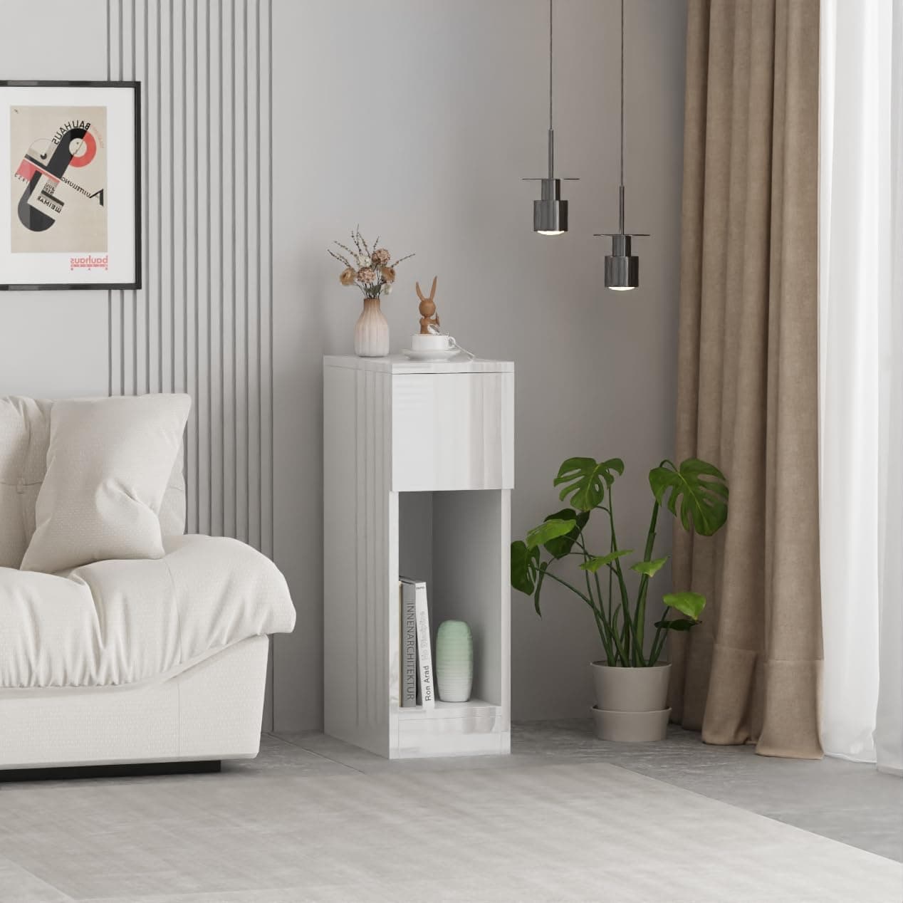 20CM Slim Bedside Table Cabinet White with Drawer Shelf, Small Narrow Wood Bed Side Table End Table Nightstand for Bedroom Living Room