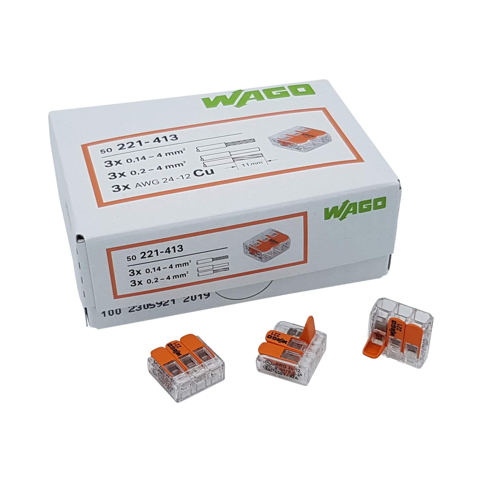 Plug-in terminal 3-way with lever for rigid (0.2-4 mm²) and flexible (0.14-4 mm²) wires to open again, transparent/orange, contents: 50 pieces