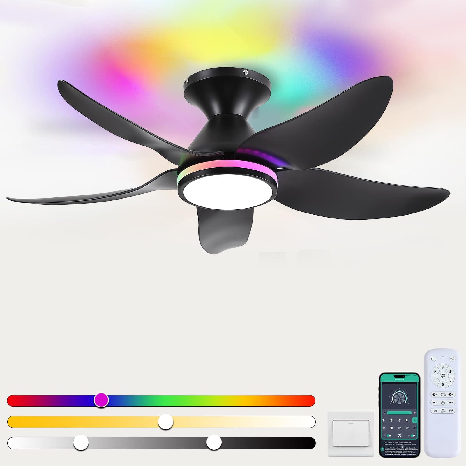 Kviflon Ceiling Fans with Lights Remote/APP Control, 38" Low Profile Ceiling Fans with Dimmable White Colors+ RGB Ring Lights, 6 Speeds 5 Reversible Blades for Kids Room Bedroom Living Room, Black
