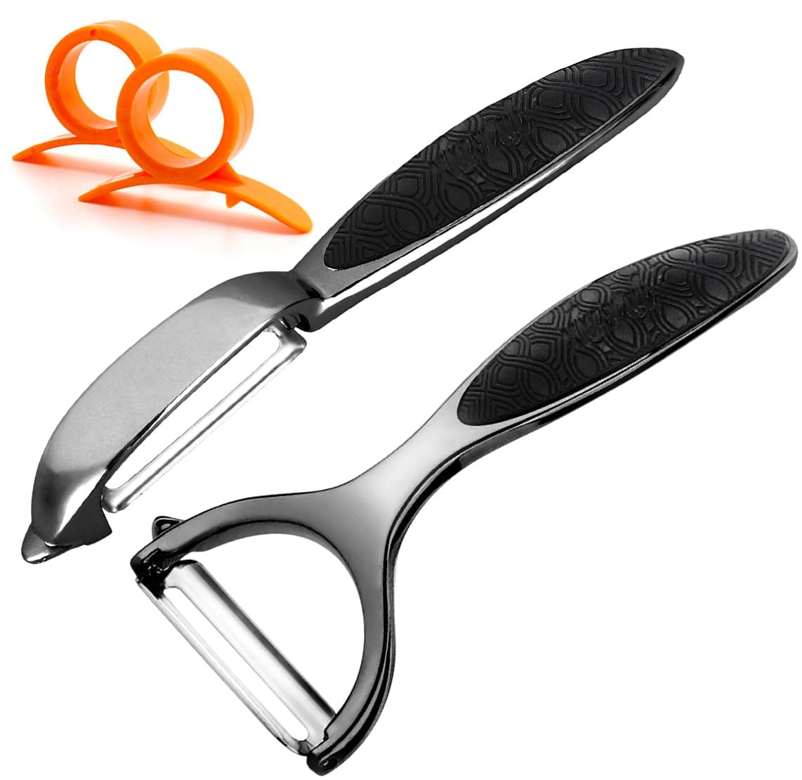 Vegetable Peeler, Potato Peelers for Kitchen Stainless Steel Multi-function Set Fruit Peeler For Kitchen and Household Tools Y & I Shape Swivel Blades with ​2 Orange Citrus Peelers(Black)
