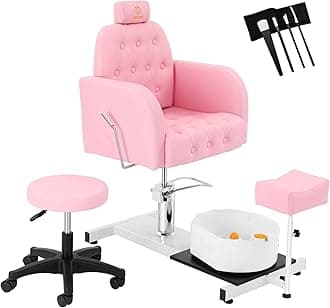 Reclining Pedicure Chair No Plumbing with Foot Massage Basin & Stool, Hydraulic Adjustable Pedicure Chair Station, 360° Rotation Beauty Spa Salon Unit Station - Pink