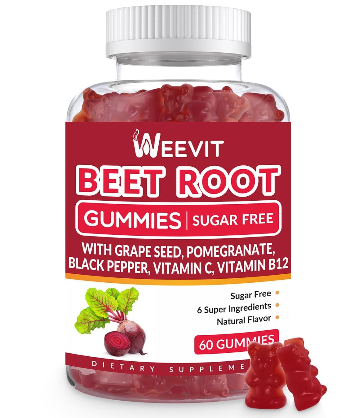 WEEVIT Sugar Free Beet Gummies with Grape Seed, Pomegranate, Black Pepper, Vitamin C, B12 | Nitric Oxide Booster for Men Women, Organic Beet Root Gummies
