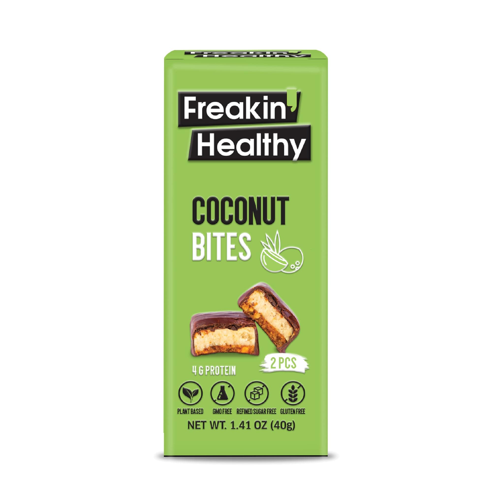 Freakin Healthy Coconut Bites 40g – 2 Individually Wrapped Bites, Plant Based Nut Butter Snack with Raw Chocolate, On-the-Go