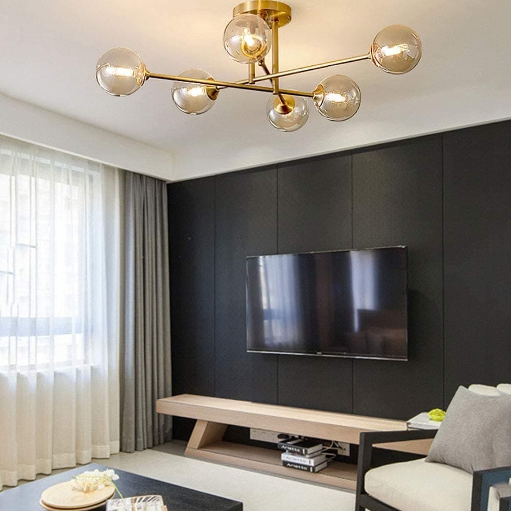 HANFCB Ceiling Light Modern Brass Living Room Ceiling Lights,G9 Gold Branch Sputnik Chandeliers Lighting With Glass Globe Lamp Shade For Dining Room Bedroom Without Bulb