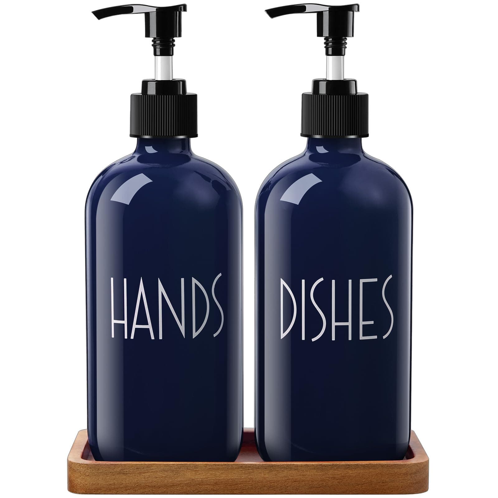 Navy Blue Dish Soap Dispenser for Kitchen - 16 OZ Hand Soap Dispenser Set with Acacia Wood Tray - Blue Kitchen Bathroom Home Decor and Accessories