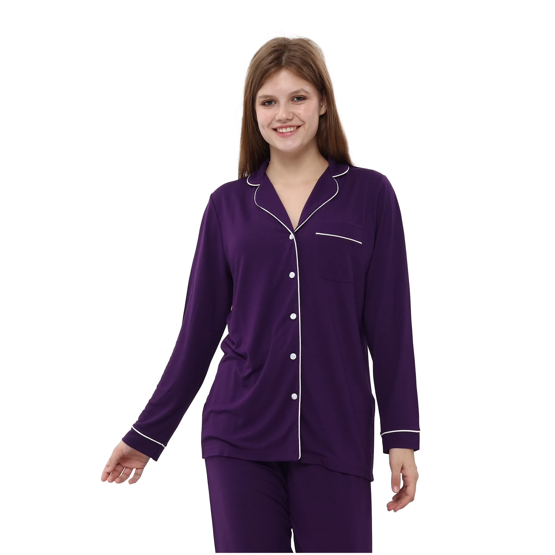 nolihoo Women's Long-Sleeved Pyjamas with Button Placket, Two-Piece Long Sleepwear, Long Trousers and Tops, Soft Women's Lounge Sets, Leisure Suit