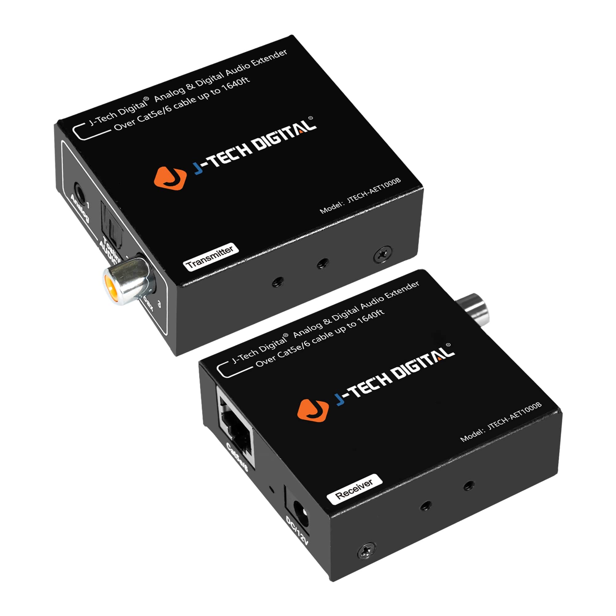 Analog & Digital Audio Extender Converter Over Single Cat5e/6 (PoC) up to 1640 FT | 3.5mm + Optical SPDIF + Coaxial [JTECH-AET1000B]