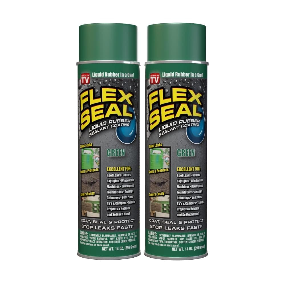 14 oz, 2-Pack, Green, Stop Leaks Instantly, Waterproof Rubber Spray On Sealant Coating, Perfect for Gutters, Wood, RV, Campers, Roof Repair, Skylights, Windows, and More