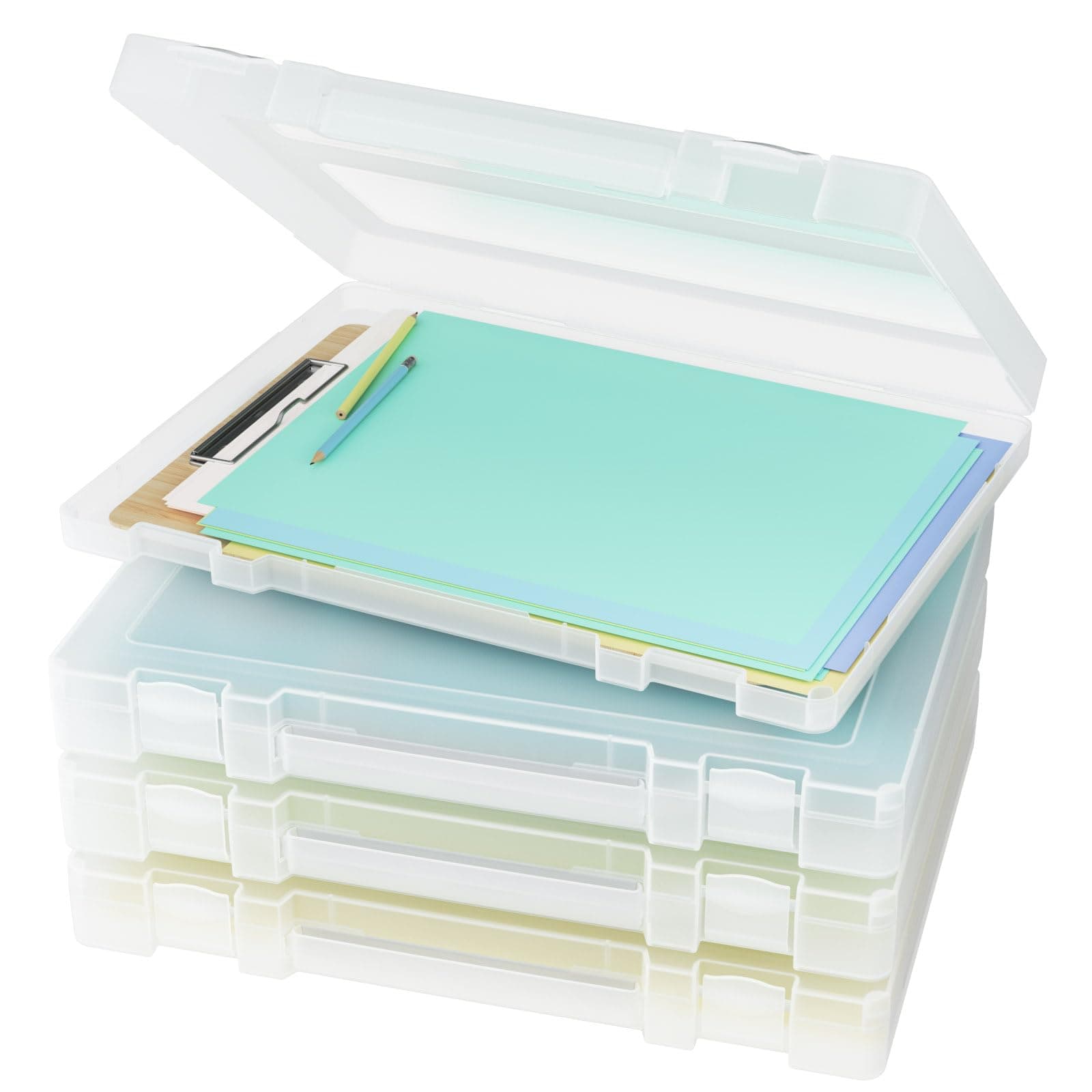 Denkee Large Paper Storage Box, 4 Pack Plastic Scrapbook Paper Storage Organizer with Handle for A4, 8.5 x 11 US Letter, Portable File Document Case, Board Game Storage