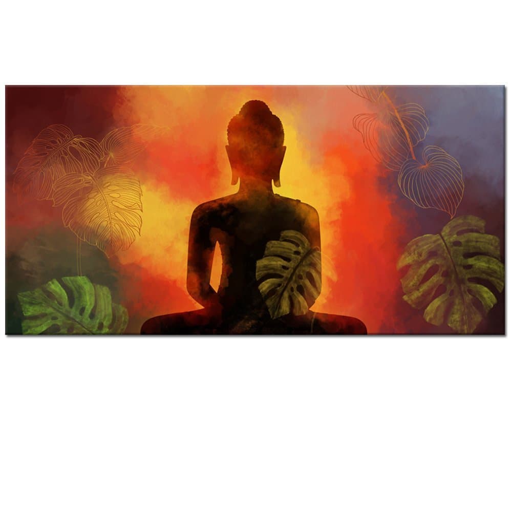 Visual Art Decor Large Buddha Wall Art Decor Peaceful Buddha Statue Leaves Picture Digital Painting Canvas Prints Ready to Hang for Buddhist Home Living Room Bedroom Decoration (24"x48")