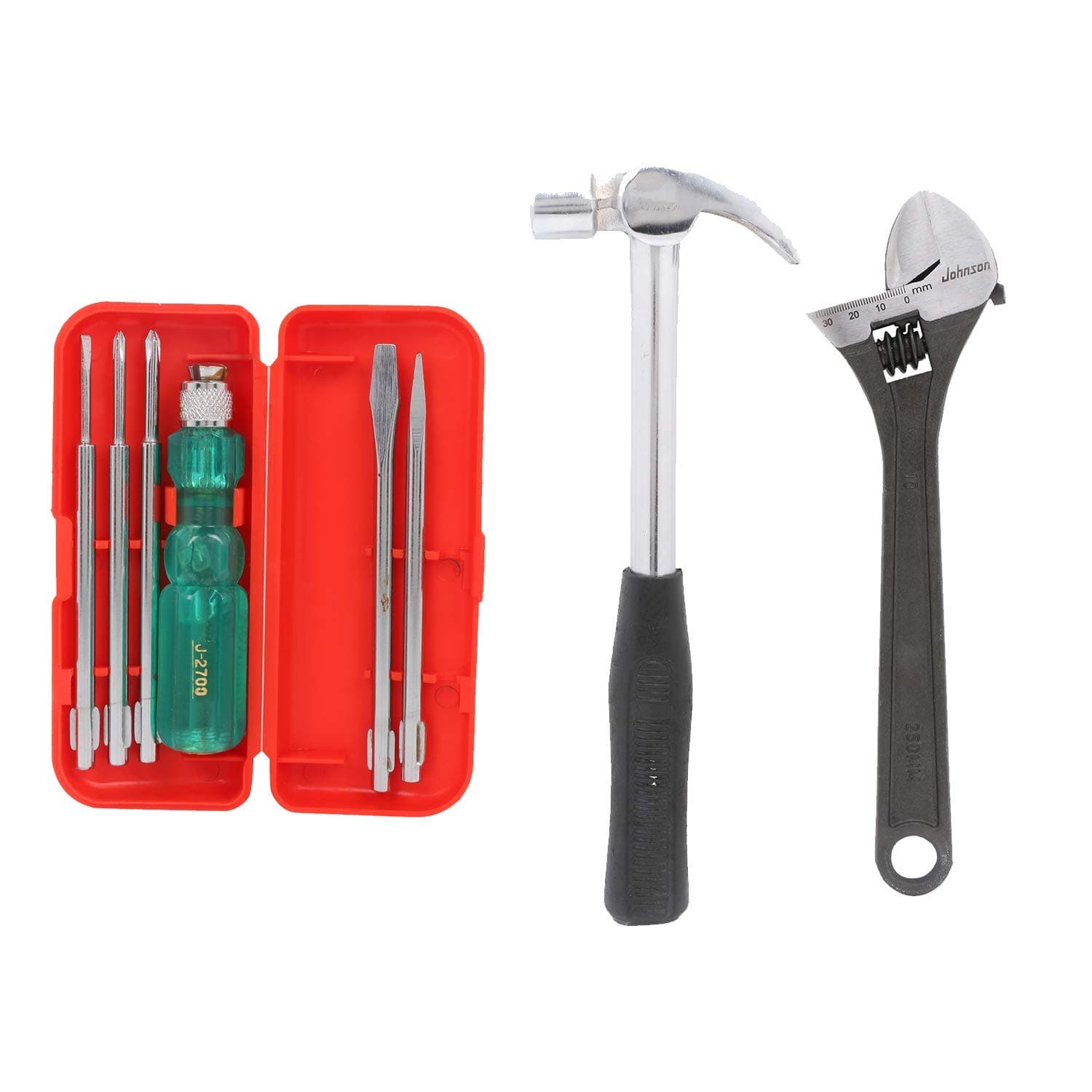 Suzec Johnson Advance Home Kit 5-Pieces Screwdriver (Multicolour) & Adjustable Wrench (300 mm) Claw Hammer Steel Shaft