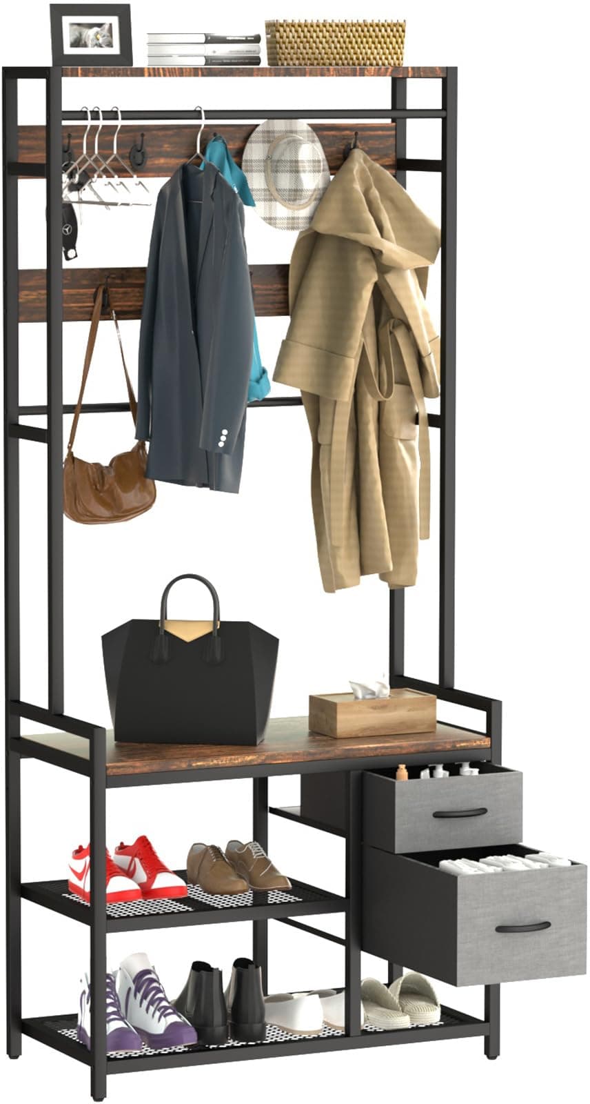 DDJ Hall Tree with Bench and Shoe Storage, Entryway Bench with Coat Rack with Shoe Storage, 7-in-1 Entryway Coat Rack with Hooks and Hanging Rod, 11.8 x 33.1 x 70.9 in, Rustic Brown and Black