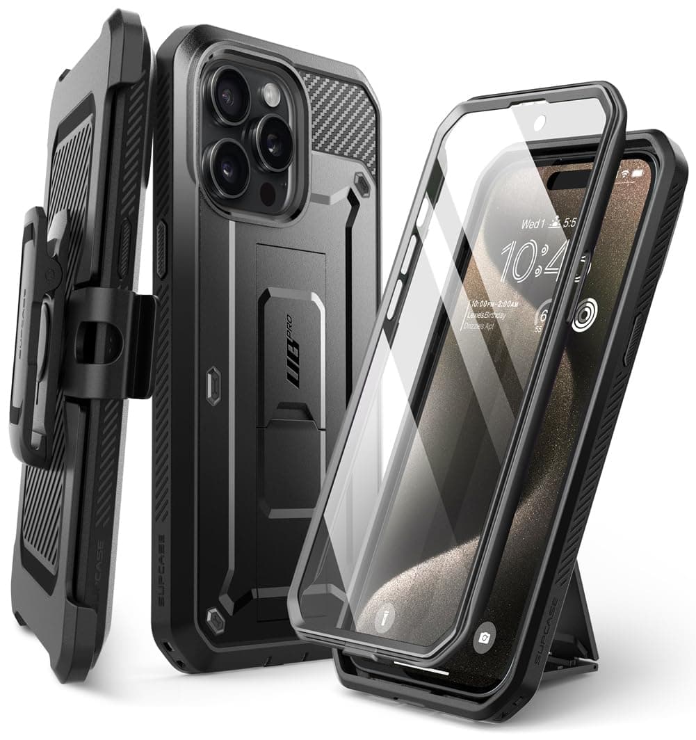 SUPCASE for iPhone 15 Pro Case with Stand & Belt-Clip, [Unicorn Beetle Pro] [Built-in Screen Protector] [Military-Grade Drop Protection] Full-Body Heavy Duty Rugged Phone Case, Black