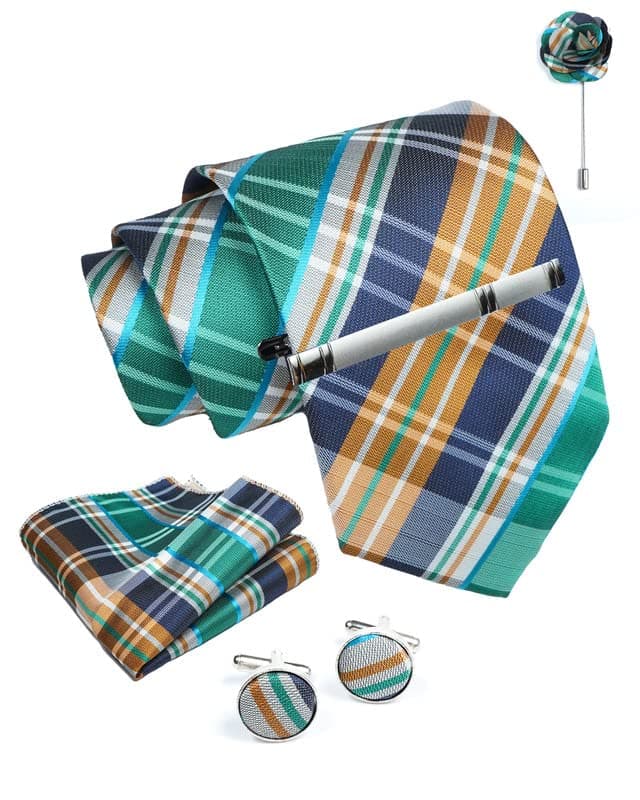 AXLONGreen Checkered Ties For Men – Tie Set With Pocket Square Cufflinks Tie Clip Bar & Flower Brooch Pin For Mens (Pack of 5) (AXTS72)