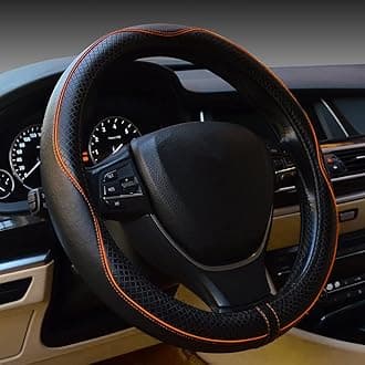 Car Steering Wheel Cover, Anti-Slip, Safety, Soft, Breathable, Heavy Duty, Thick, Full Surround, Sports Style (Black with Light Orange Line)