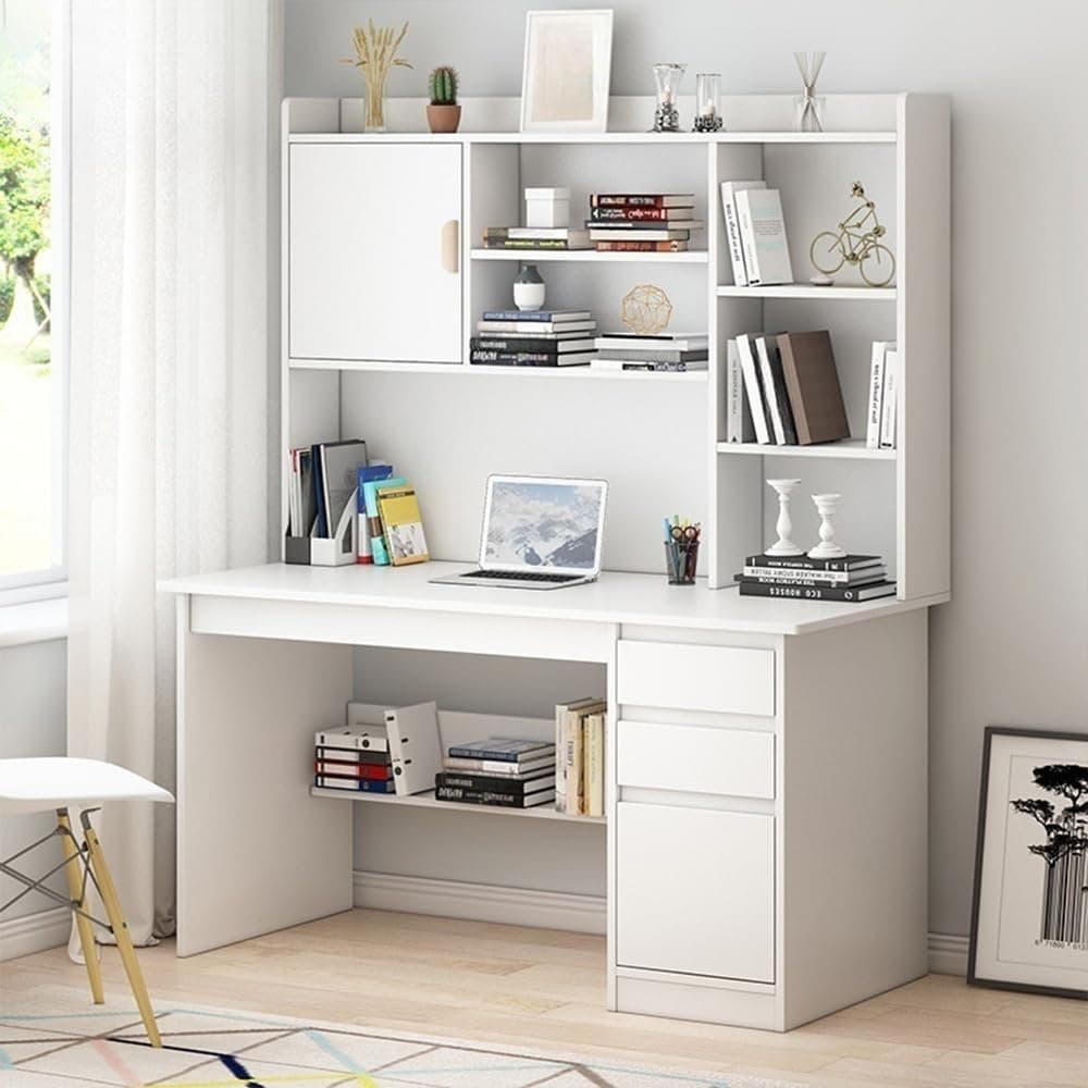 LITFAD Modern Computer Desk Work from Home Desk with Hutch, Bookcase and Integrated Cable Management, Rectangular Wood Office Desk 3 Drawers, White 47.2" L x 17.7" W x 64.2" H