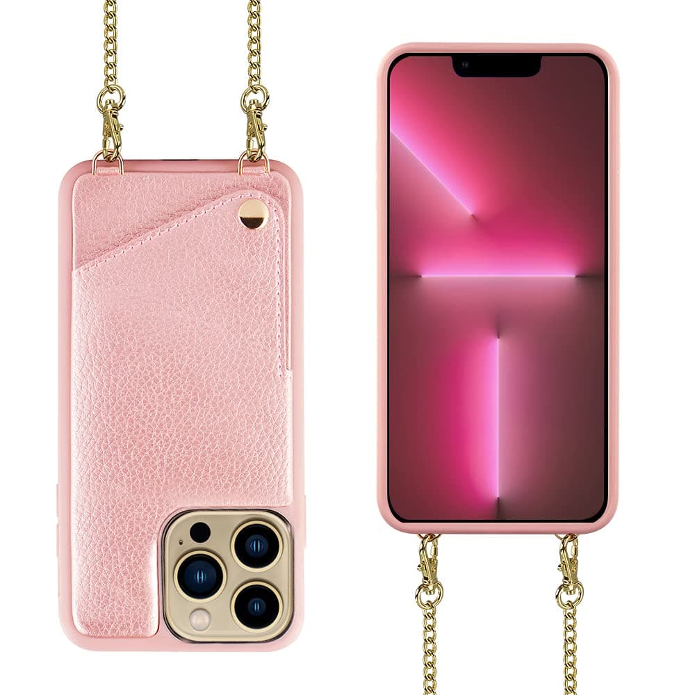for iPhone 13 Pro Wallet Case, iPhone 13 Pro Crossbody Case with Chain Strap Wrist Credit Card Holder Lanyard Purse Women Protective for Apple iPhone 13 Pro (2021), 6.1 inch - Rose Gold