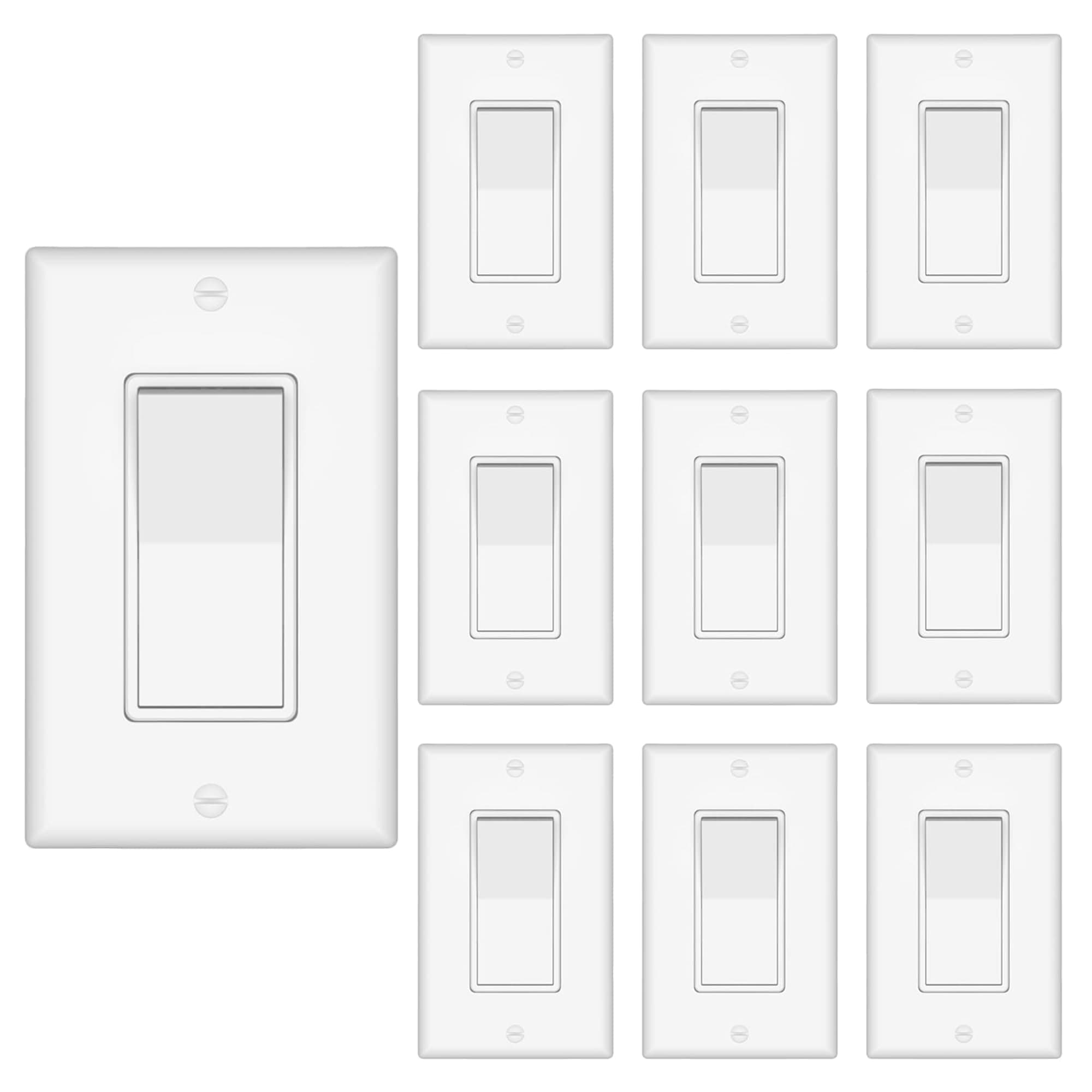 ThunderWay 3 Way Decorator Light Switch with Wall Plates, 15A 120/277V Decora Three Way Electrical Wall Paddle Rocker Switches Replacement, Residential Grade, UL Listed, Glossy White(10 Pack)