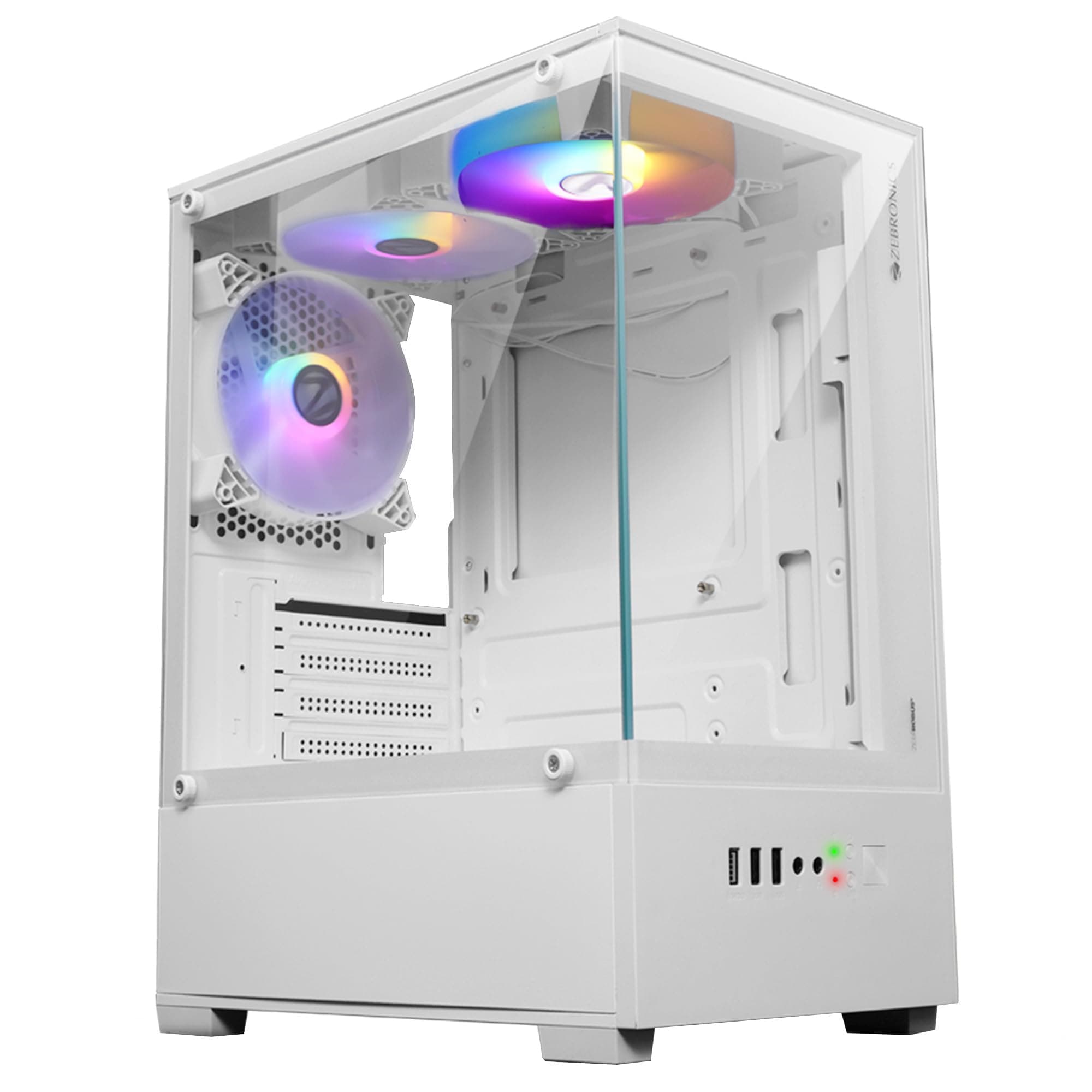 ROBUST Premium Gaming Chassis with support for mATX | Mini ITX, Wraparound Tempered Glass, 120mm Multicolor LED Ring Fans, Top Magnetic Dust Filter, 3 Fans Included (White)