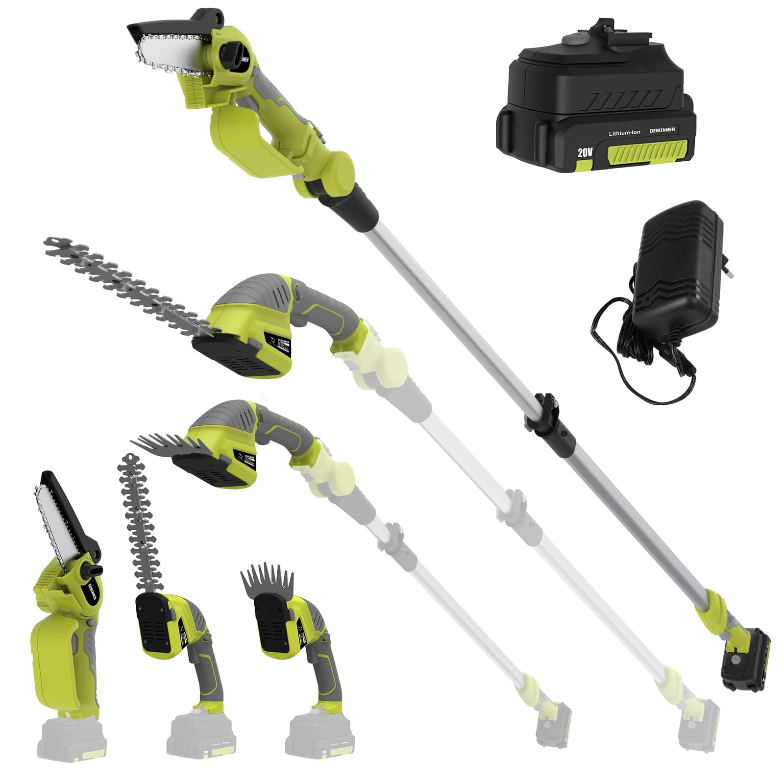 – DEWINNER Cordless 3-in-1 Pole & Handheld Hedge Trimmer and Chainsaw, Telescopic Shaft, 254cm Long Reach Extendable Cutter for Hedges,Battery and Charger, Adjustable Head