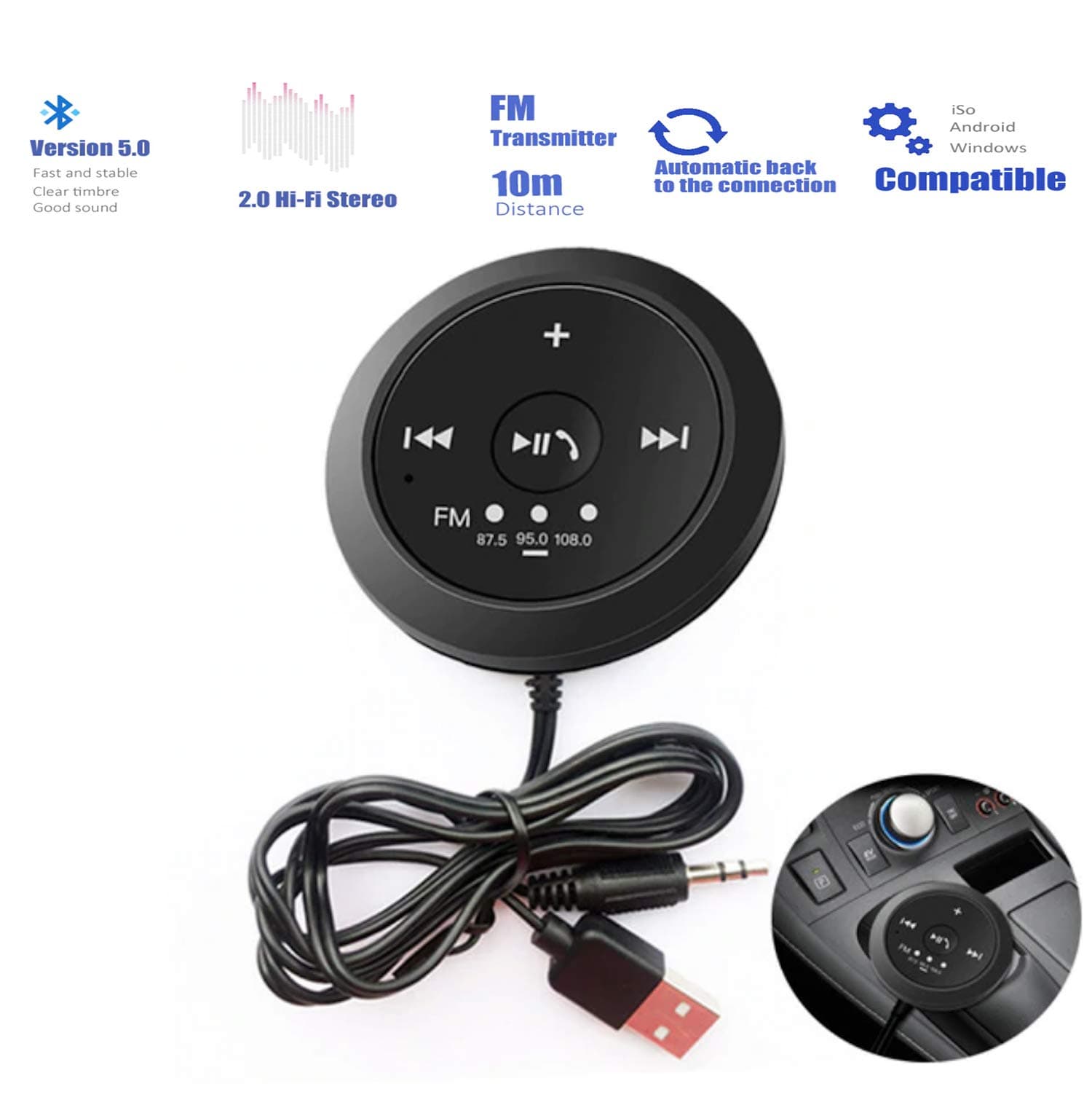 USB Car Bluetooth Receiver Car FM Transmitter Powered AUX Audio Player TF Card Music Adapter Receiver Hands-Free Call (Grey)