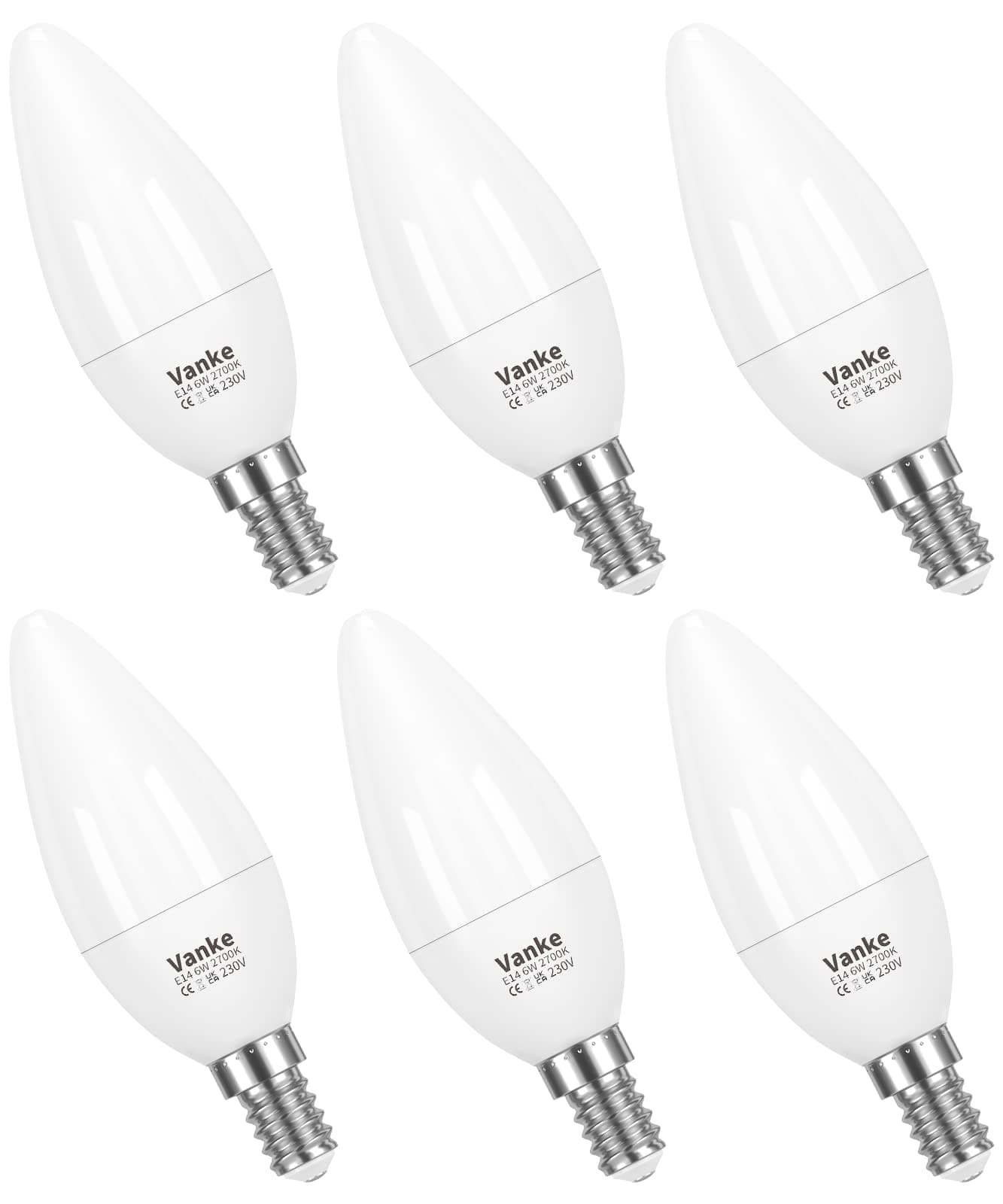 Vanke E14 LED Light Bulbs, Warm White 2700K Yellow Light, 6W (40W Incandescent), SES Small Screw Candle in Light Bulb, 470lm, Pack of 6, Non-Dimmable