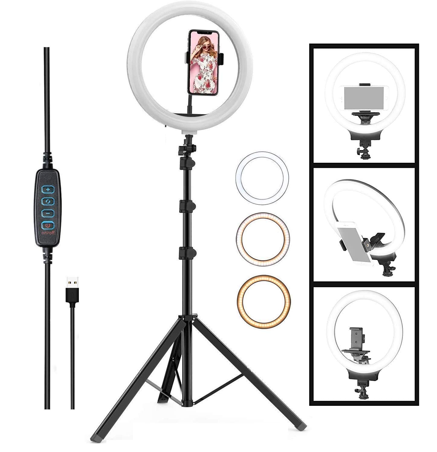 RKD World™ Ring Light - 10 inches Big Ring Light with Tripod Stand 9 feet & Phone Holder for Live Stream & YouTube Video,Dimmable Desk Makeup Ring Light with Stand (10 inch and 9 feet)