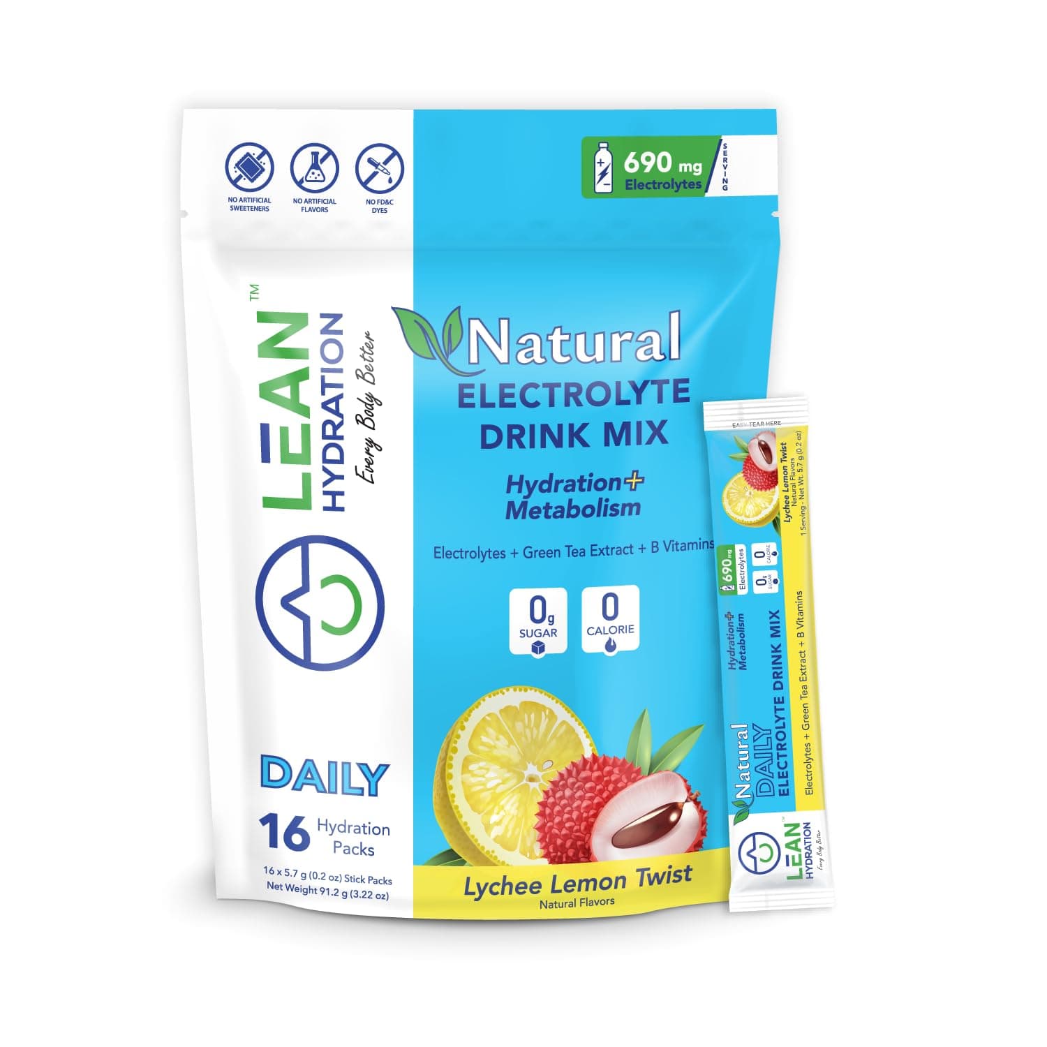 Daily Natural Electrolyte Packets Drink Mix | Zero Calories, Zero Sugar Plus Vitamins, Minerals & More | 16 ct (Lychee Lemon Twist)