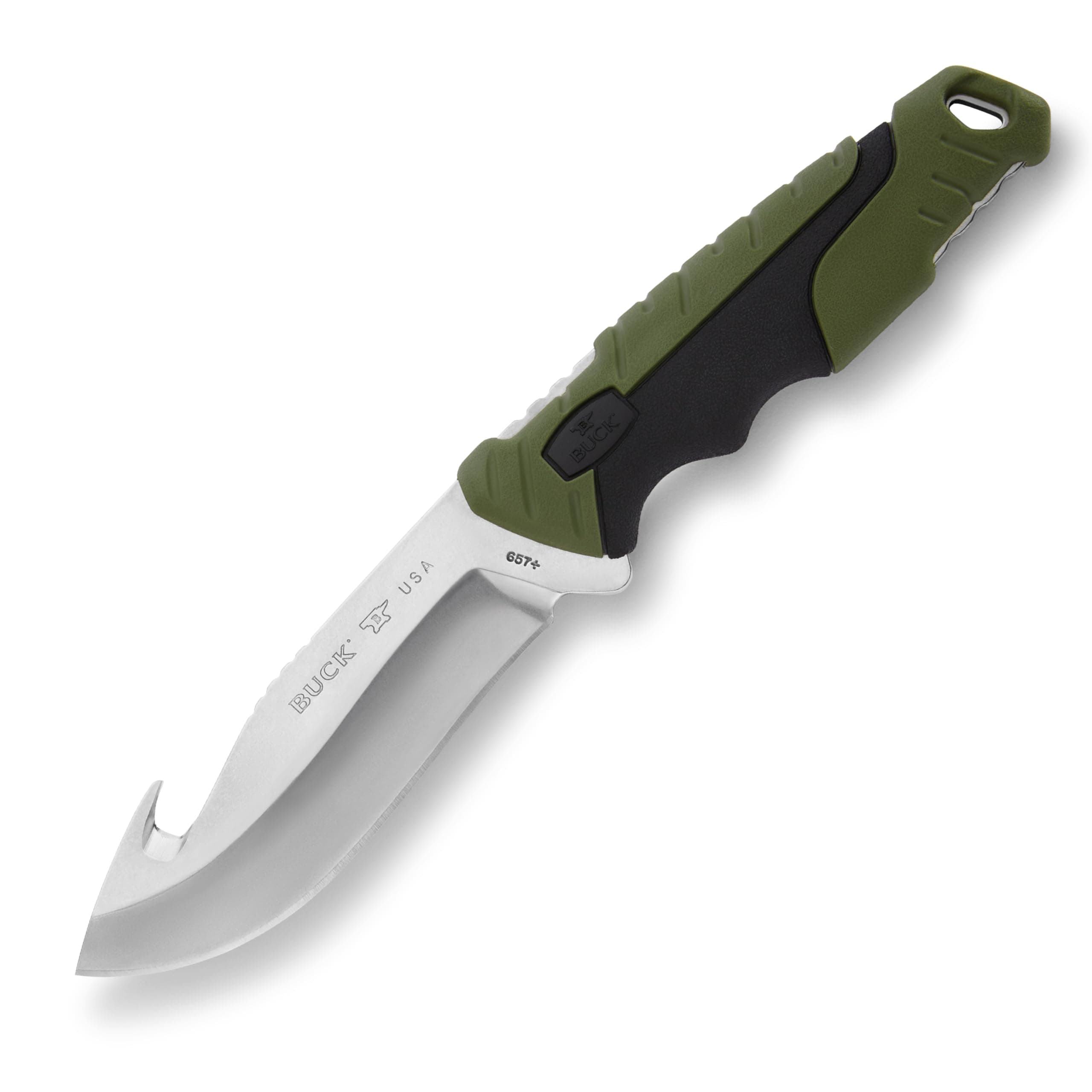 Buck Knives 657 Large Pursuit Guthook Knife, 4-1/2" Fixed Blade, Glass Filled Nylon Handle, 420HC Stainless Steel Blade, Sheath Included, Hunting Knife Made in the USA, Green, 6.4 oz