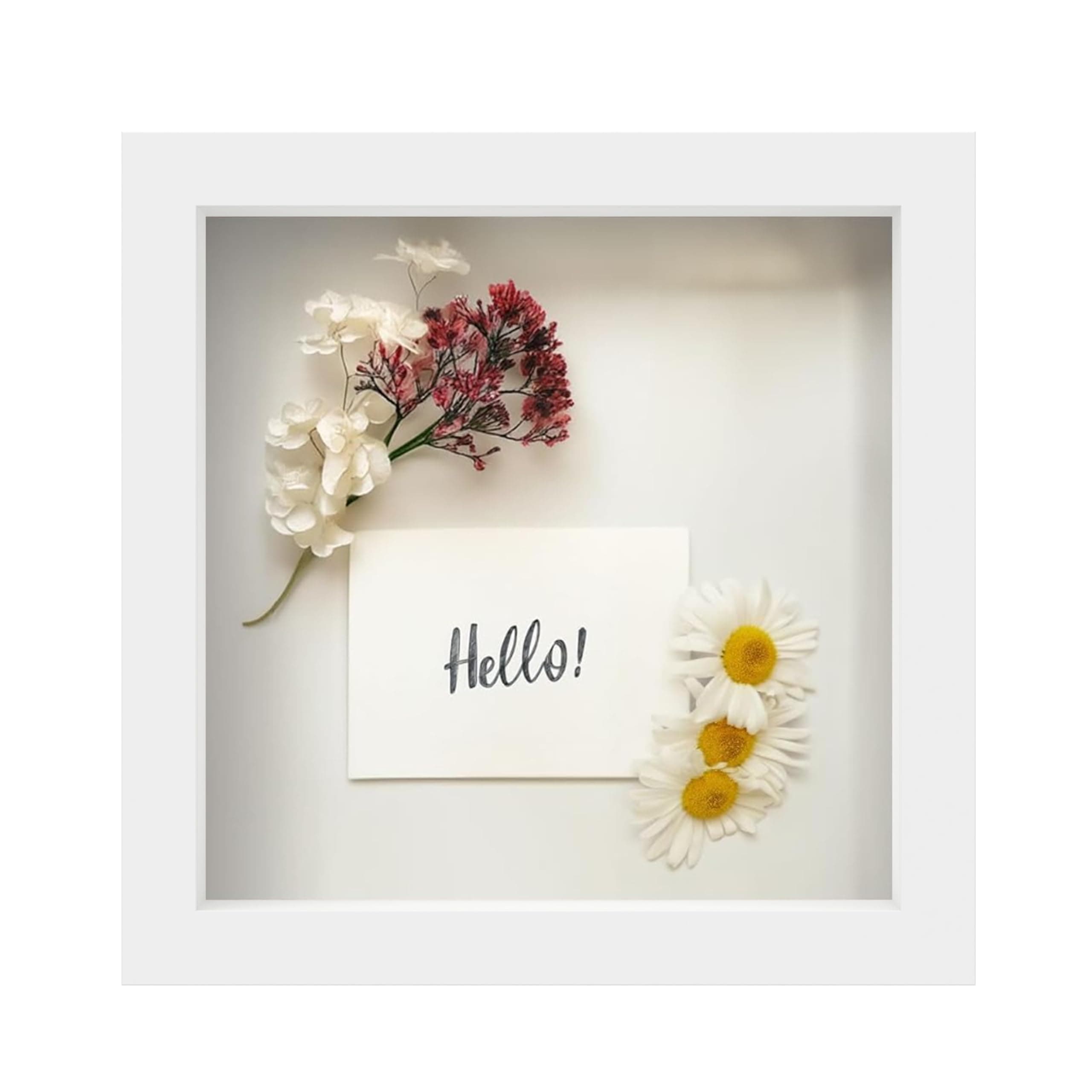 FrameWorks 8” x 8” White Wooden Shadow Box Frame – Display Case with Soft Felt Back, Memory Box with Tempered Glass, Display Box with Elegant White Ball Push Pins, Wooden Flower Box