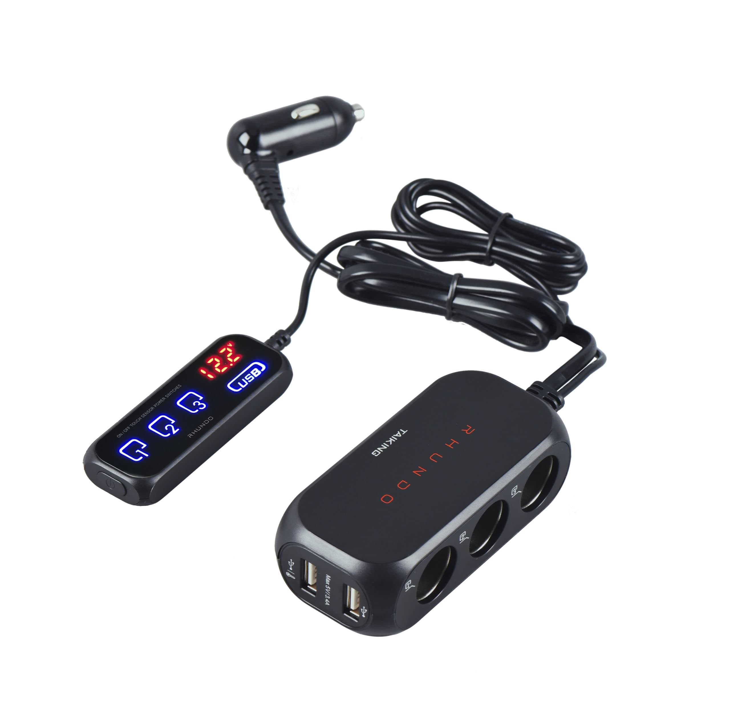 RHUNDO RS-21S 3-way Car Cigarette Lighter Splitter/Adapter/Charger + 2 USB 3.4Amp, with Remote Touch Sensor Switch