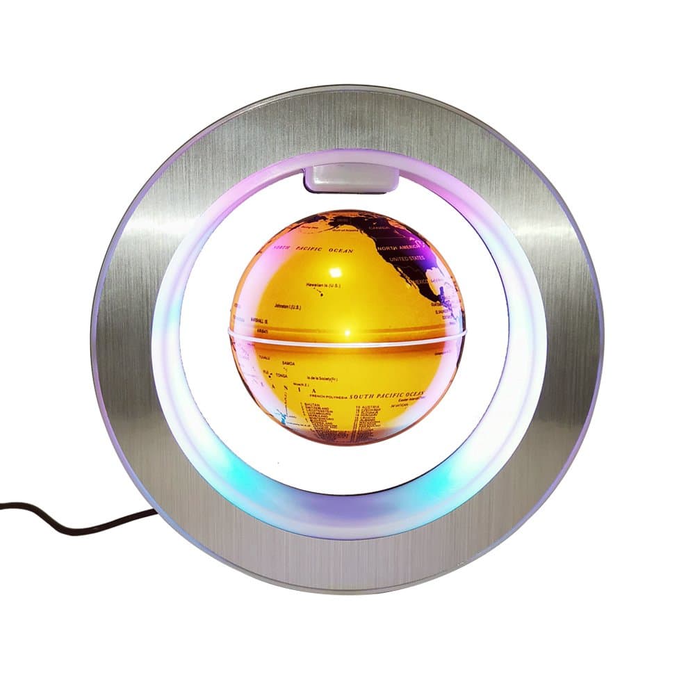 Floating Globe with Colored LED Lights Anti Gravity Magnetic Levitation Rotating World Map for Children Gift Home Office Desk Decoration (Round Gold)