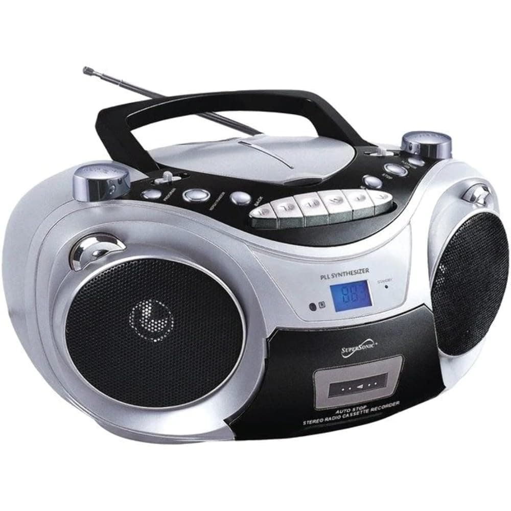 Supersonic SC-739BT Top Loading CD Boombox Player with Wireless Bluetooth, AM/FM Radio, Cassette Recorder, USB Input, LCD Display, and Remote Control - MP3/CD/CD-R/CD-RW Compatible (Silver)