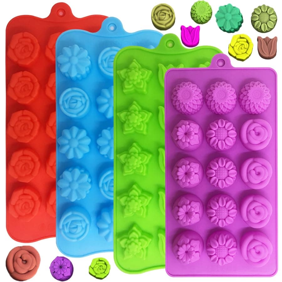 YuCool4 Pack Flower Shape Chocolate Candy Molds Set, 15 Cavity Silicone Molds, Food Grade Non-Stick Baking Reusable Various Shapes