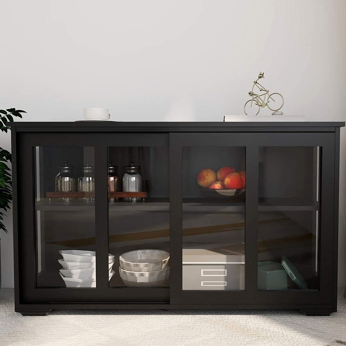 RASOO Buffet Sideboard with Sliding Glas Door and Adjustable Shelf Stackable Kitchen Storage Cabinet Antique Cupboard Home Furniture, Black