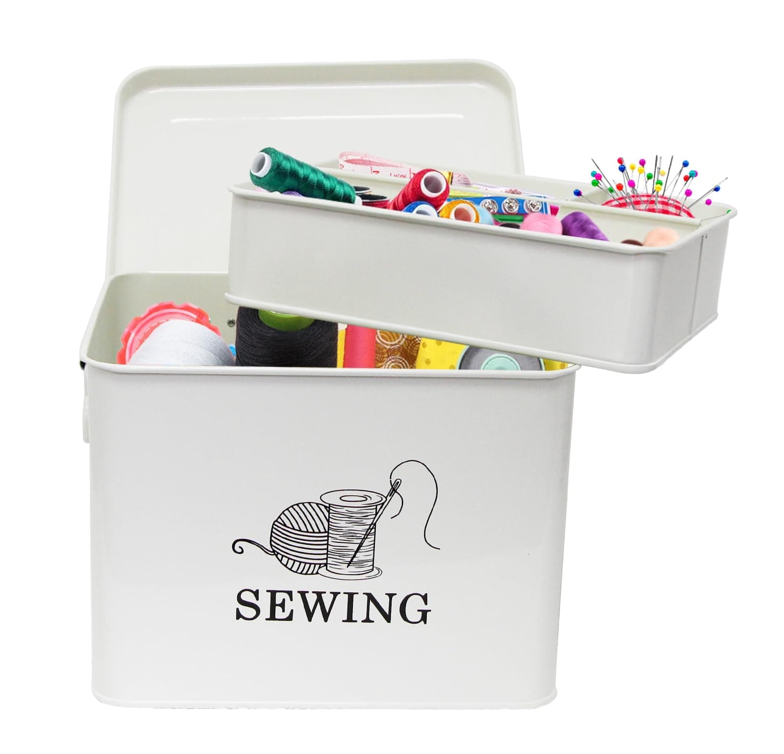Metal Sewing Box, Sewing Kit Storage Box - 2-Tier Sewing Basket with Removable Tray, Sewing Supplies Organizer, Sewing Storage Box for Scissors, Thread, Pins, Needles & Clips (White)