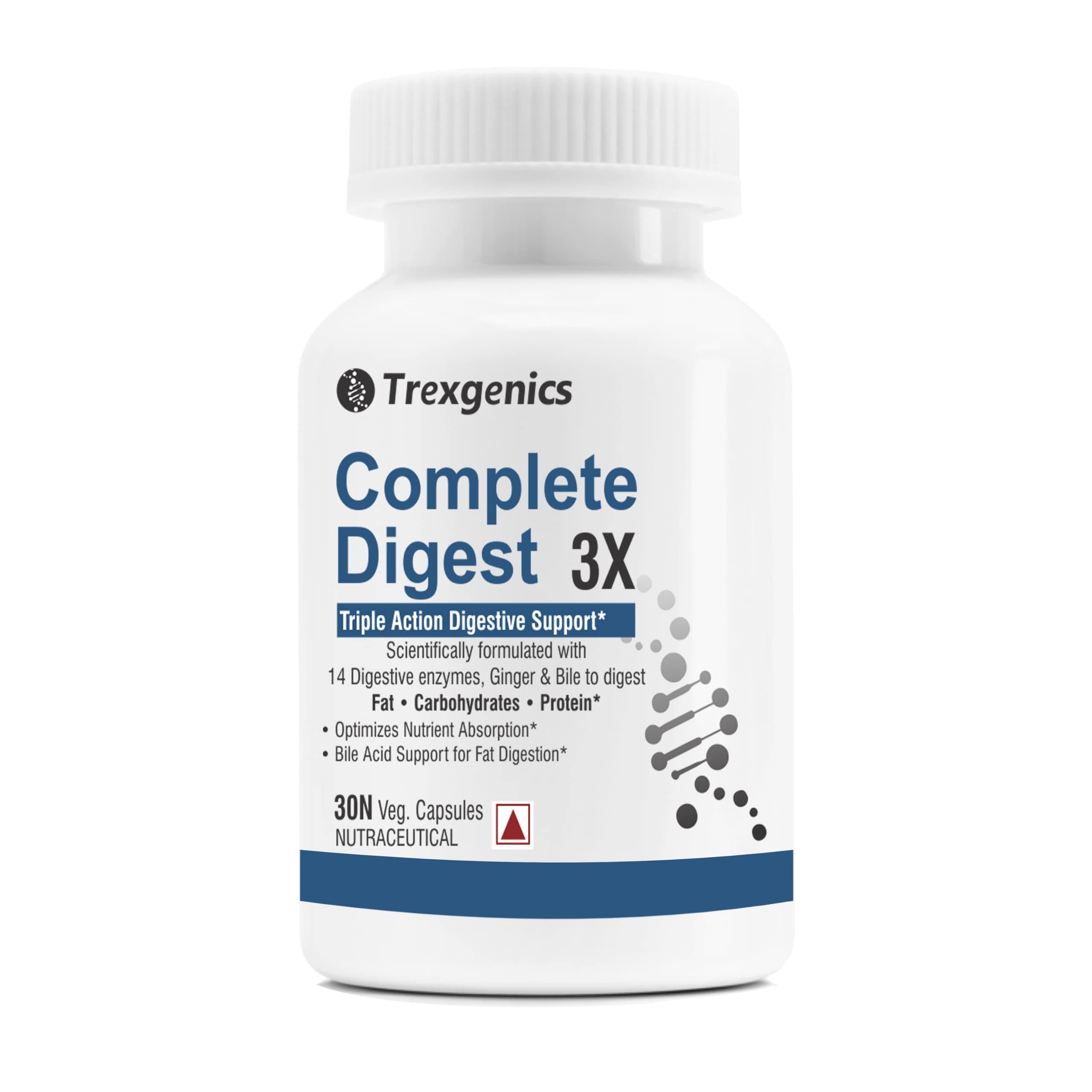 Trexgenics COMPLETE DIGEST 3X, Triple Action Digestive Support for Fat, Carbohydrates & Protein, Lactose and Fibers with 14 Enzymes, Ginger and Bile Cholic acid (30 capsules) (Pack of 1)