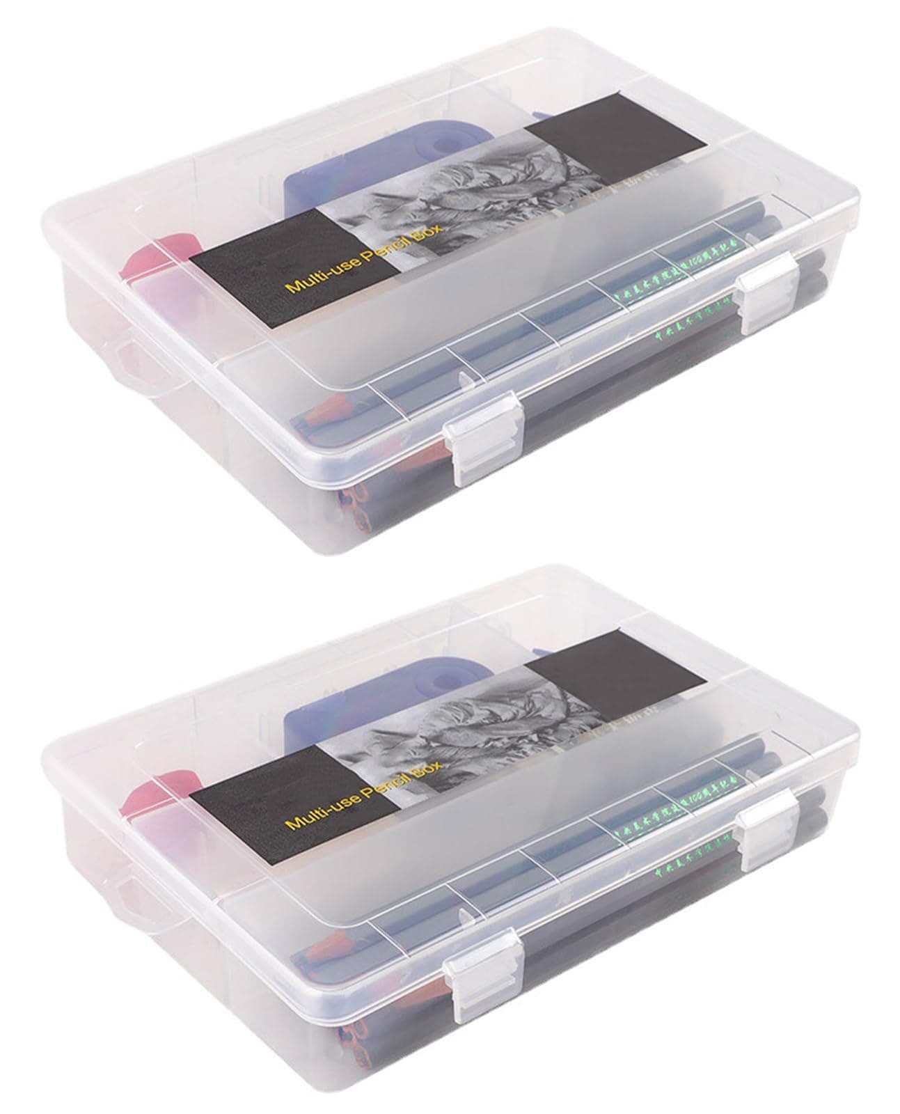 2 Pack Plastic Art Craft Supply Organizer Pencil Storage Box with Snap-Tight Closure Latch, Brush Painting Pencils Storage Box Art Storage Case for Pen Rubber Ribbons Beads Sticker Yarn, Clear