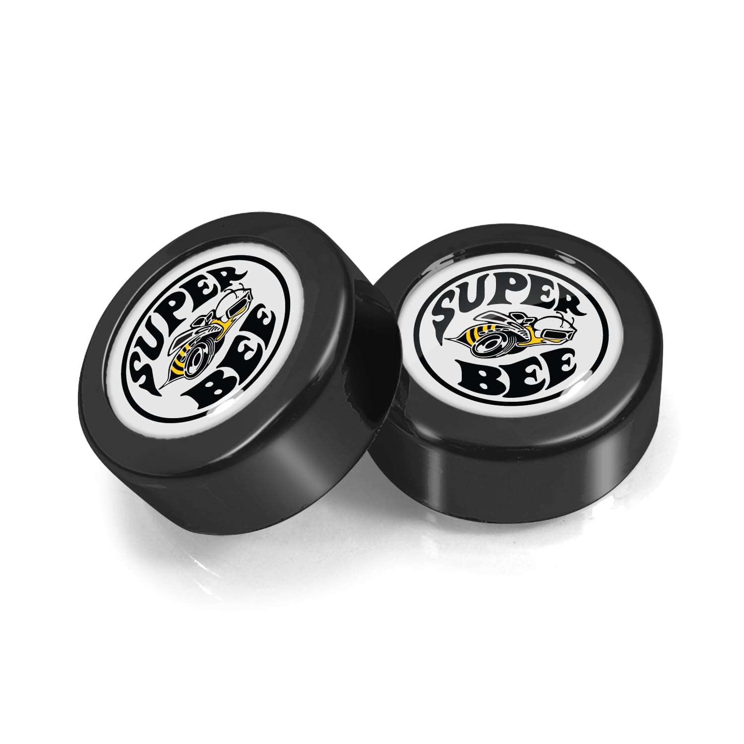 for Dodge Super-Bee in White Dome Logo on Black Two ABS Plastic License Plate Frame Screw Cover Set