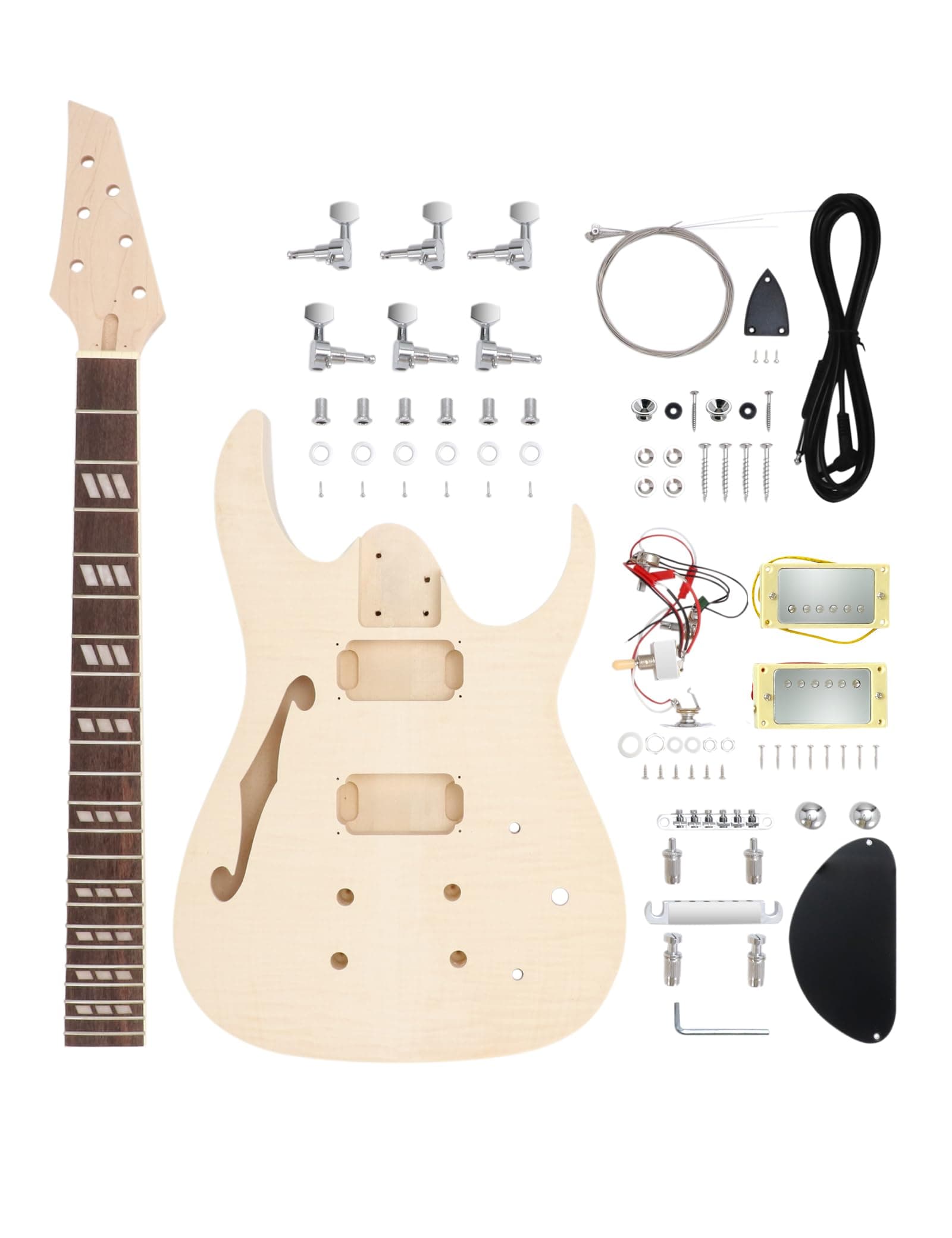 DIY Electric Guitar Kit Beginner Kit 6 String Right Handed with Flamed Maple Veneer Top Basswood Body Hard Maple Neck Rosewood Fingerboard Chrome Hardware Build Your Own Guitar.