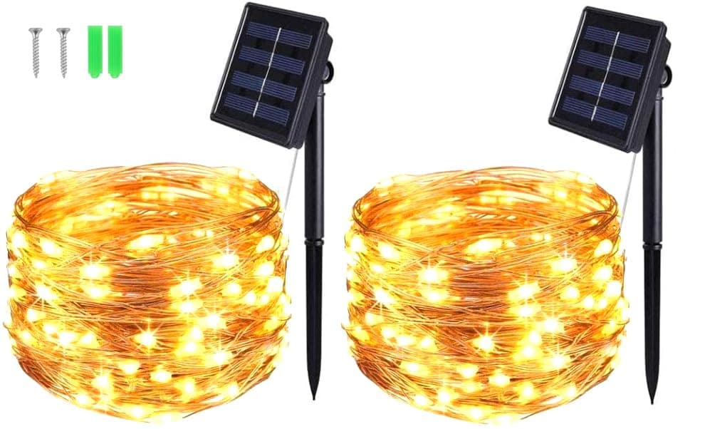 BOLWEO [2 Pack] Solar Powered String Lights,Solar Fairy Lights,Warm White,16.4Ft 50LEDS,Waterproof Wire Lighting for Indoor Outdoor Christmas Tree Halloween Home Garden Decoration