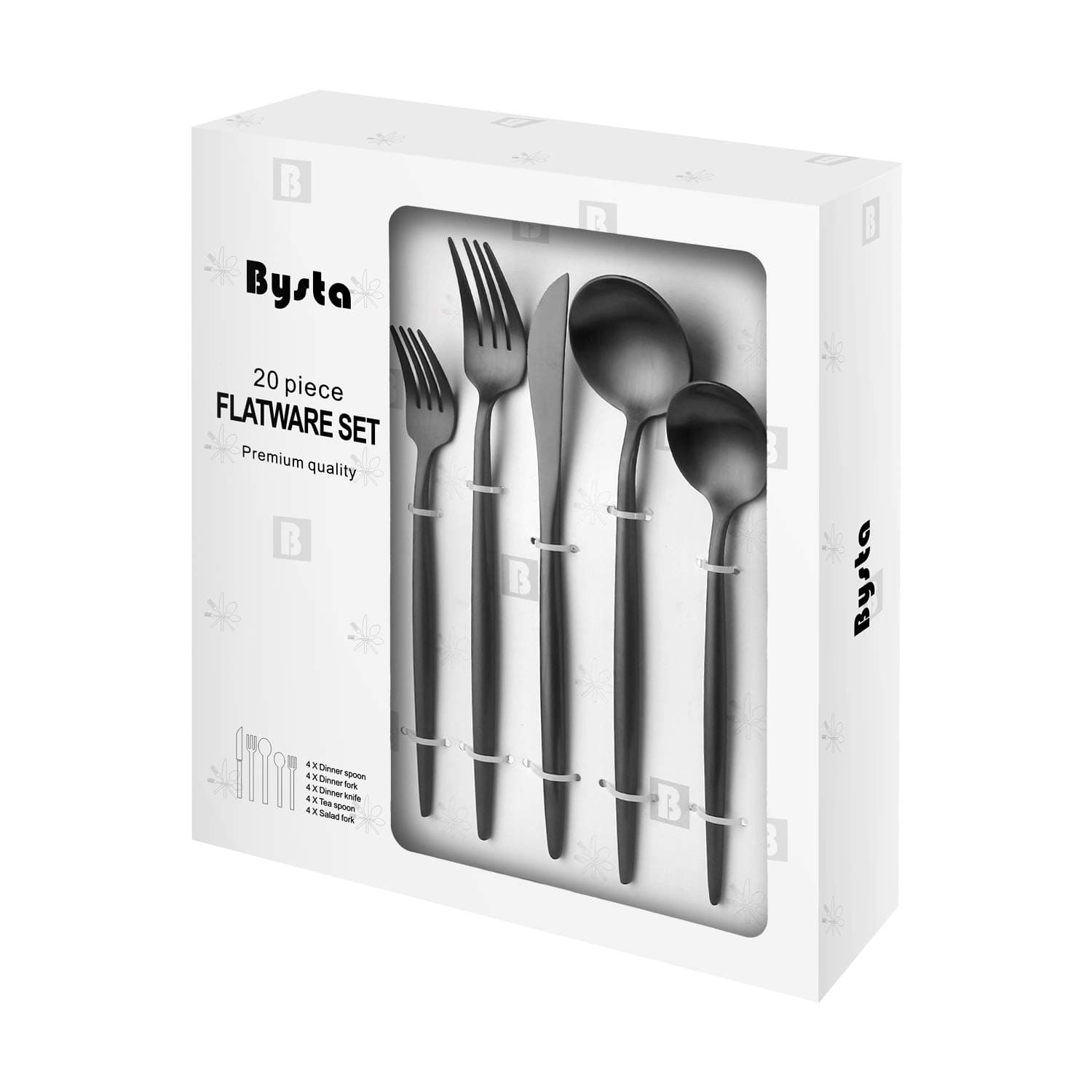Matte Black Silverware Set, Bysta 20-Piece Stainless Steel Flatware Set Cutlery Set Service For 4, Satin Finish, Dishwasher Safe, Nice Gift Box