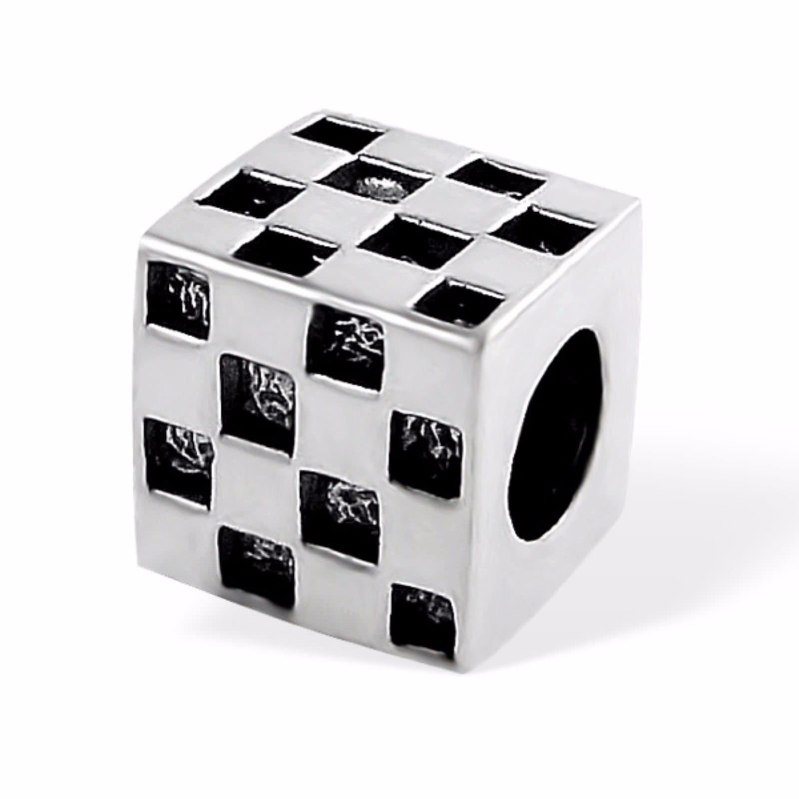 SilvadoreSilver Bead – Cube Black White Chequered Box Chess Board Dice Game - 925 Sterling Charm 3D Slide On 714 - Fits European Bracelet - Gift Boxed