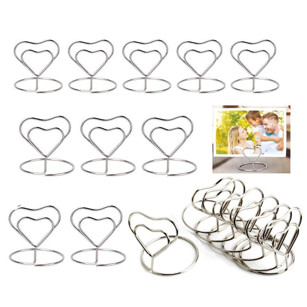 Dproptel Direct 20 Pack Heart Shaped Mini Place Card Holders Table Number Holder Stand Wire Picture Photo Display Holder Memo Clips for Wedding Birthday Party Favors (Silver)