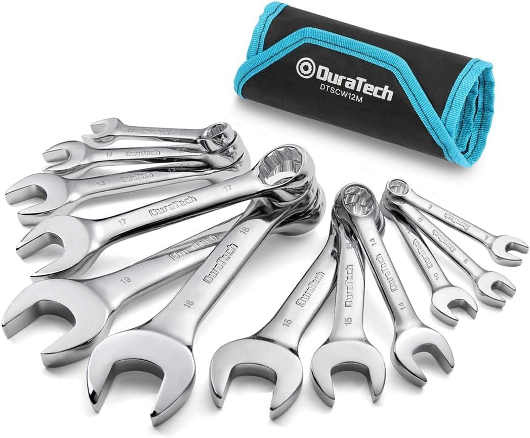 12-Piece Stubby Metric Spanner Set 8-19 mm, Stubby Combination Wrench Set with Open End, Chrome Vanadium Steel, 12-Point, with Carry Pouch