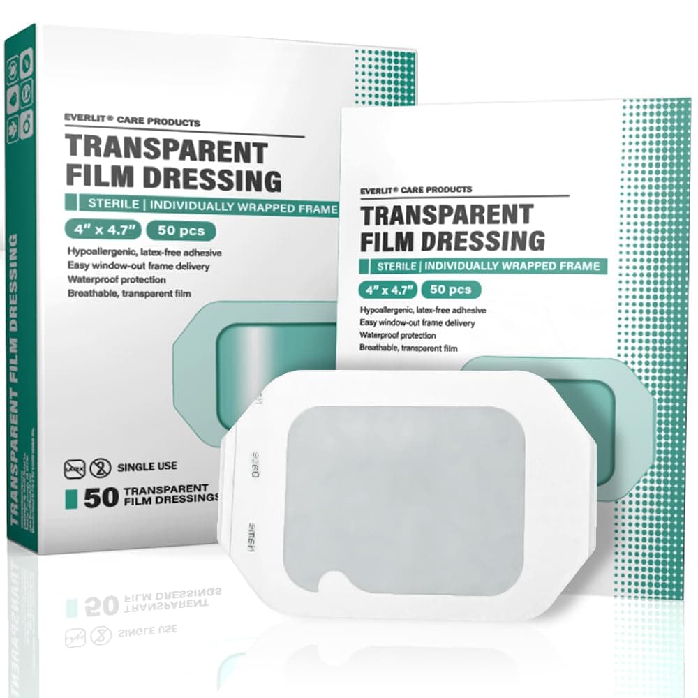 Everlit Care Transparent Film Dressing, Large Waterproof Adhesive Patch | Window Frame Wound Cover for Post Surgical Shower, IV Shield, Tattoo Aftercare Bandage (4" x 4.7" | 50 Pack)