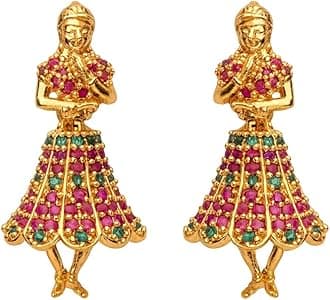Traditional Bharatnatyam Dancer Design Gold-Plated Jhumka Earrings for Women & Girls | Ethnic Temple Jewelry with Pink & Green Stones | Festive & Cultural Accessory