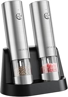 CIRCLE JOY Electric Salt and Pepper Grinder Set Stainless Steel Spice Grinder Automatic Pepper Mills with Easy-to-Carry Dual Charging Station, White Led Light, and Adjustable Coarseness, Silver